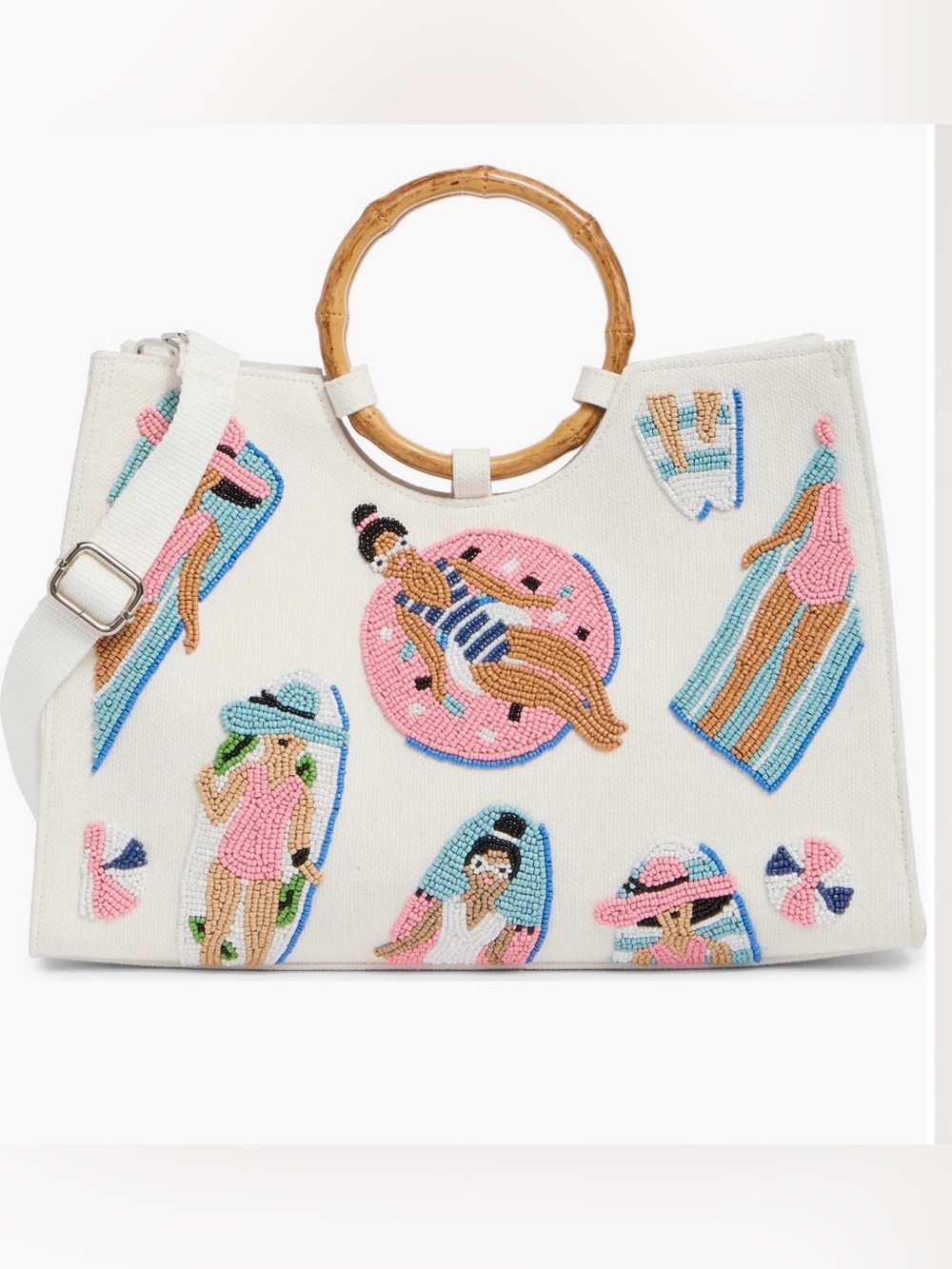 White Beaded Tote with Bamboo Handle